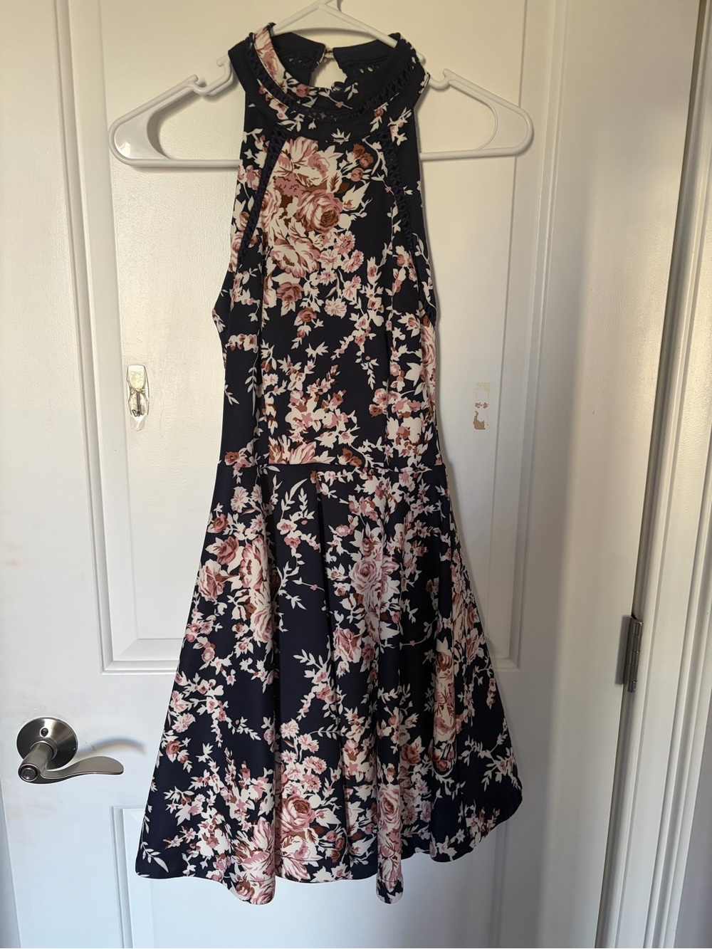 B Darlin Navy Floral Fit-and-Flare Dress with Blush Accents
